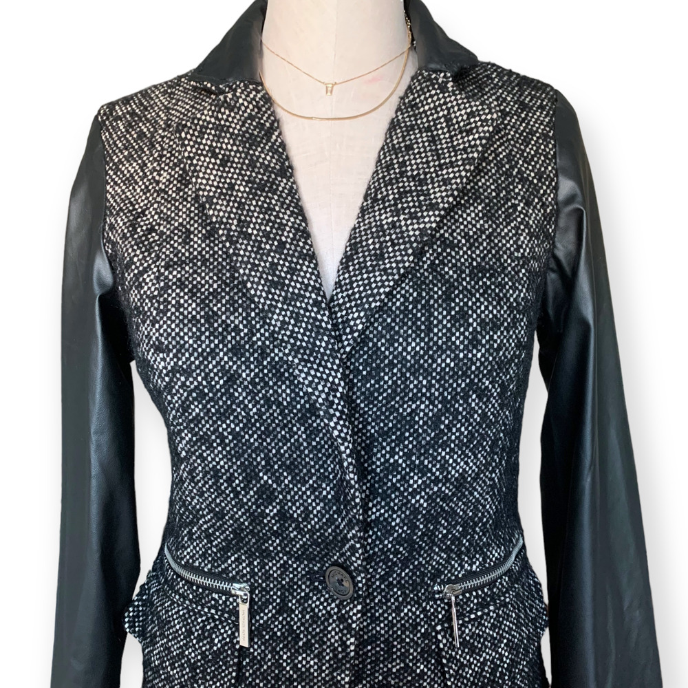 MICHAEL KORS Leather Wool Blend Tweed Sport Coat Jacket Blazer Black Fall Size 4 - Picture 2 of 11